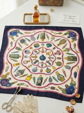HERMÈS Qu'importe le flacon Silk Scarf 90cm Perfume Bottles Black Pink Vintage